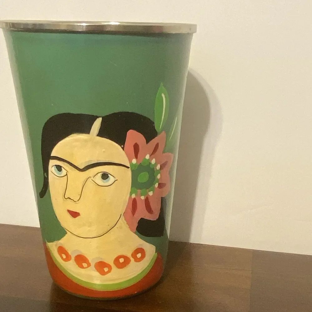 Green Metal Tumbler 16 oz Frida Kahlo Portrait Floral Folk Art 5.5 in